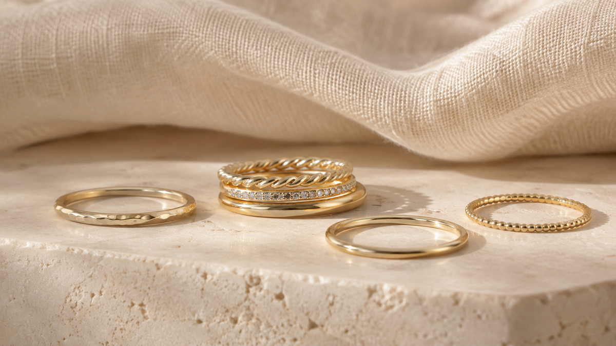 Gold-tone stackable rings with plain, twisted and cubic zirconia bands