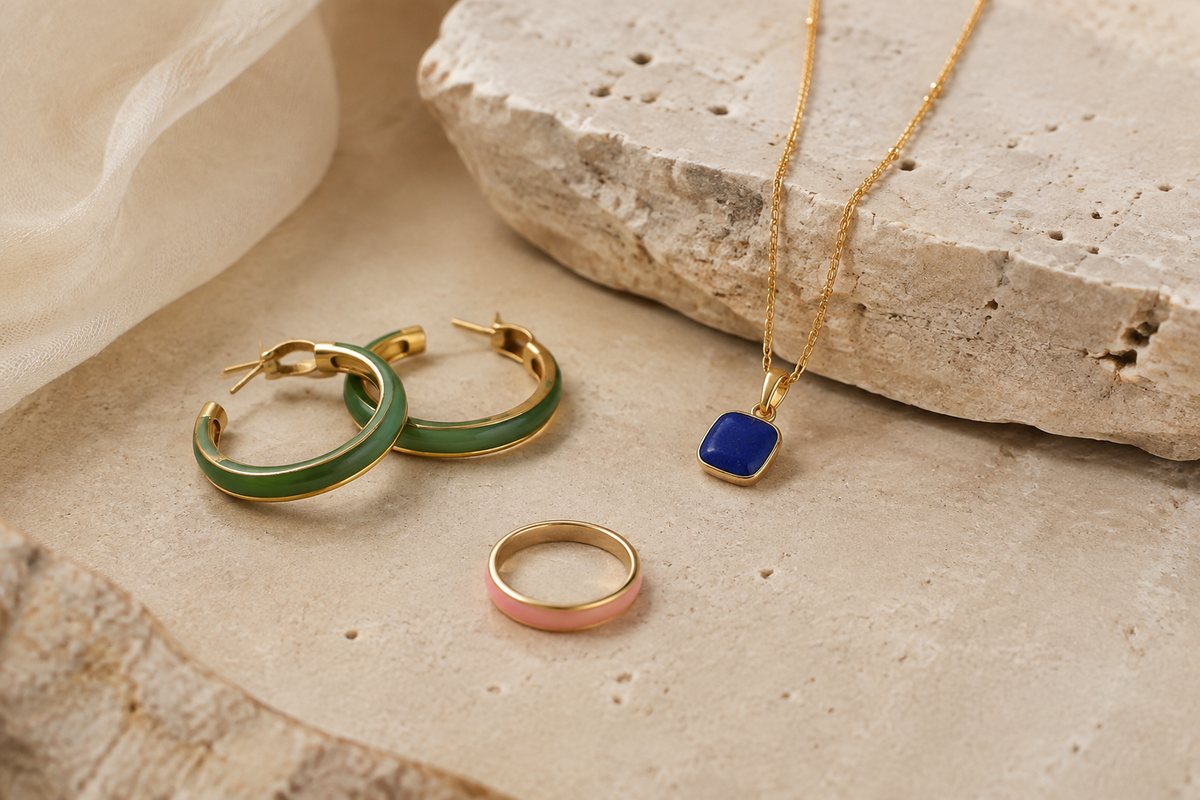 Colorful enamel jewelry designs photographed for wholesale fashion jewelry buyers
