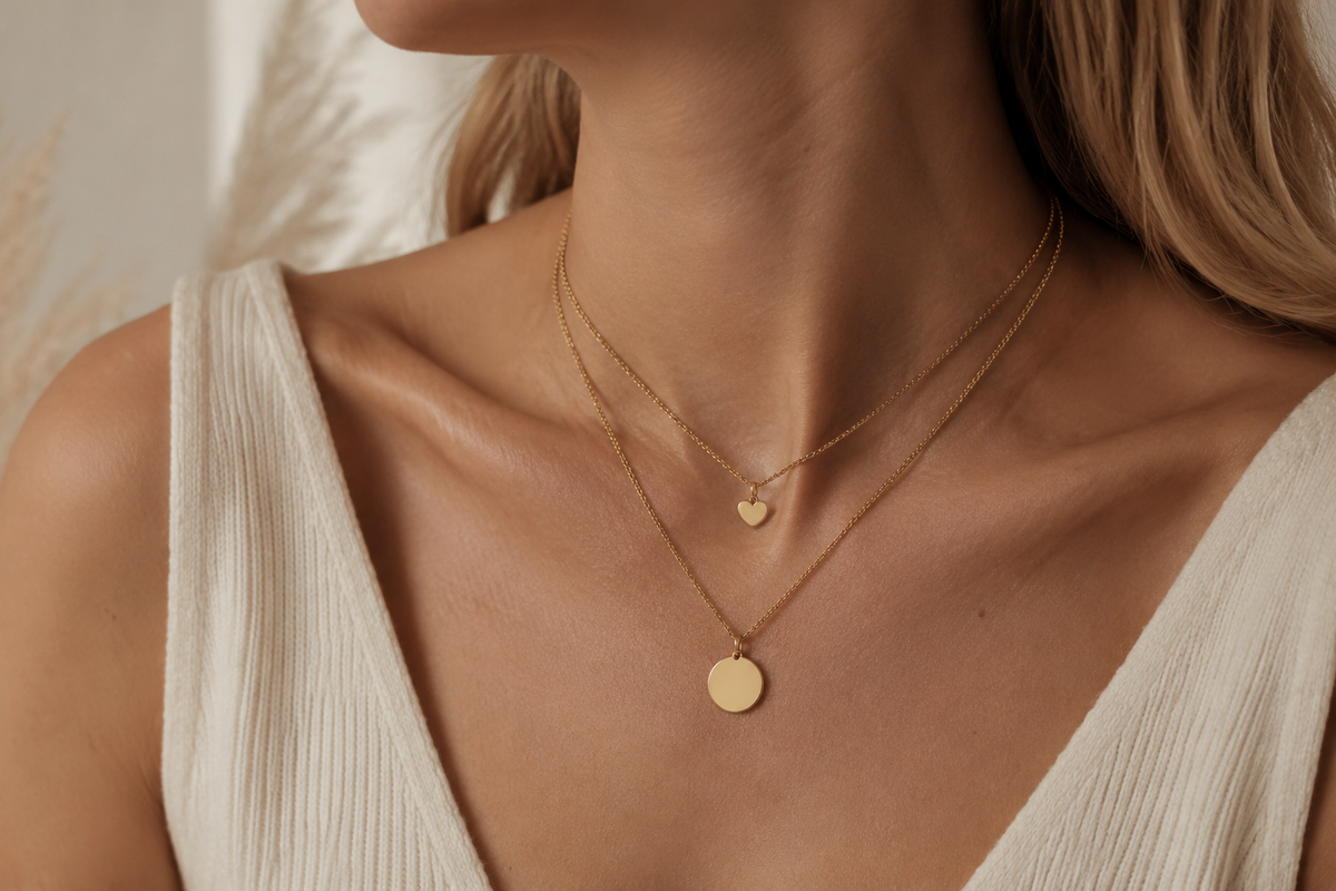 Layered gold pendant and chain necklaces styled for a wholesale necklace collection