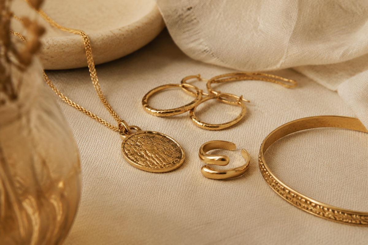 Vintage-inspired gold jewelry assortment photographed for wholesale buyers