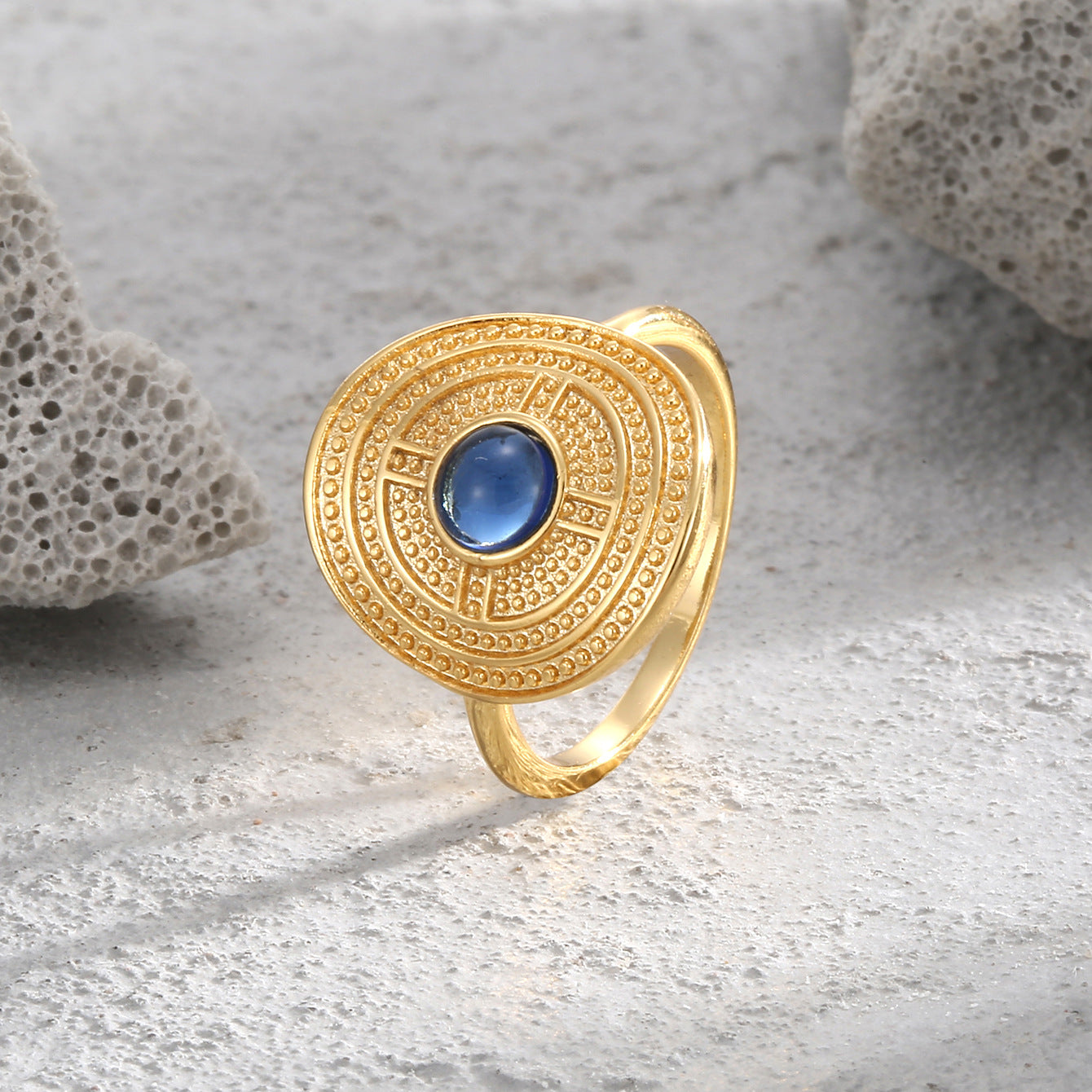 R0155 Vintage Design Curved Ring for Women Brass Gold Plated Blue Glass Stone