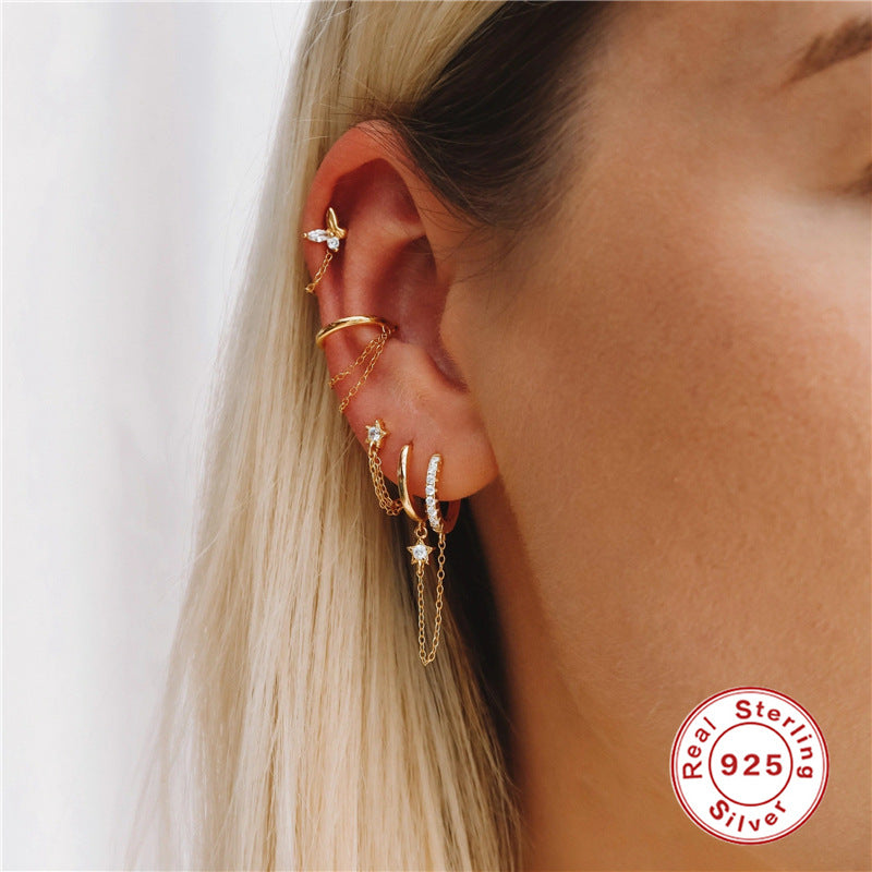 S925Sterling Silver Double Hoop Chain Connected Five-Pointed Star Inlaid Diamond Pendant Hoop Earrings Trendy Exaggerated Ear Jewelry