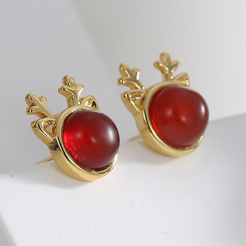 E0542 Christmas Ornaments casual Style Elk Shape Stud Earrings for Women fashion Red Agate Earrings