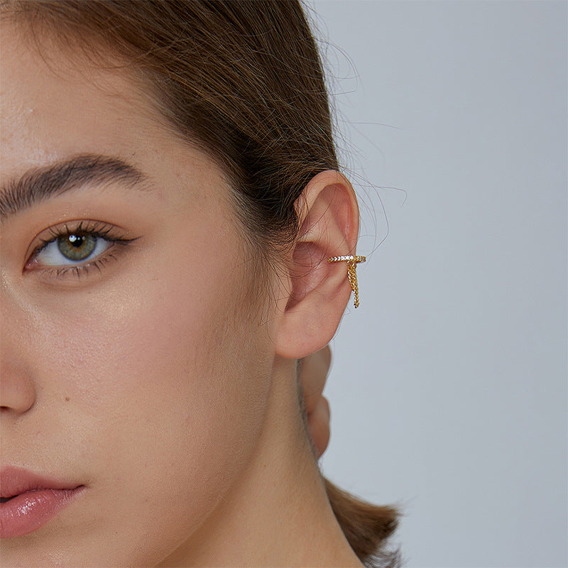 E0511 Korean Style Design Earrings Female Copper Plated Real Gold Micro Inlaid White Zircon Ear Clip