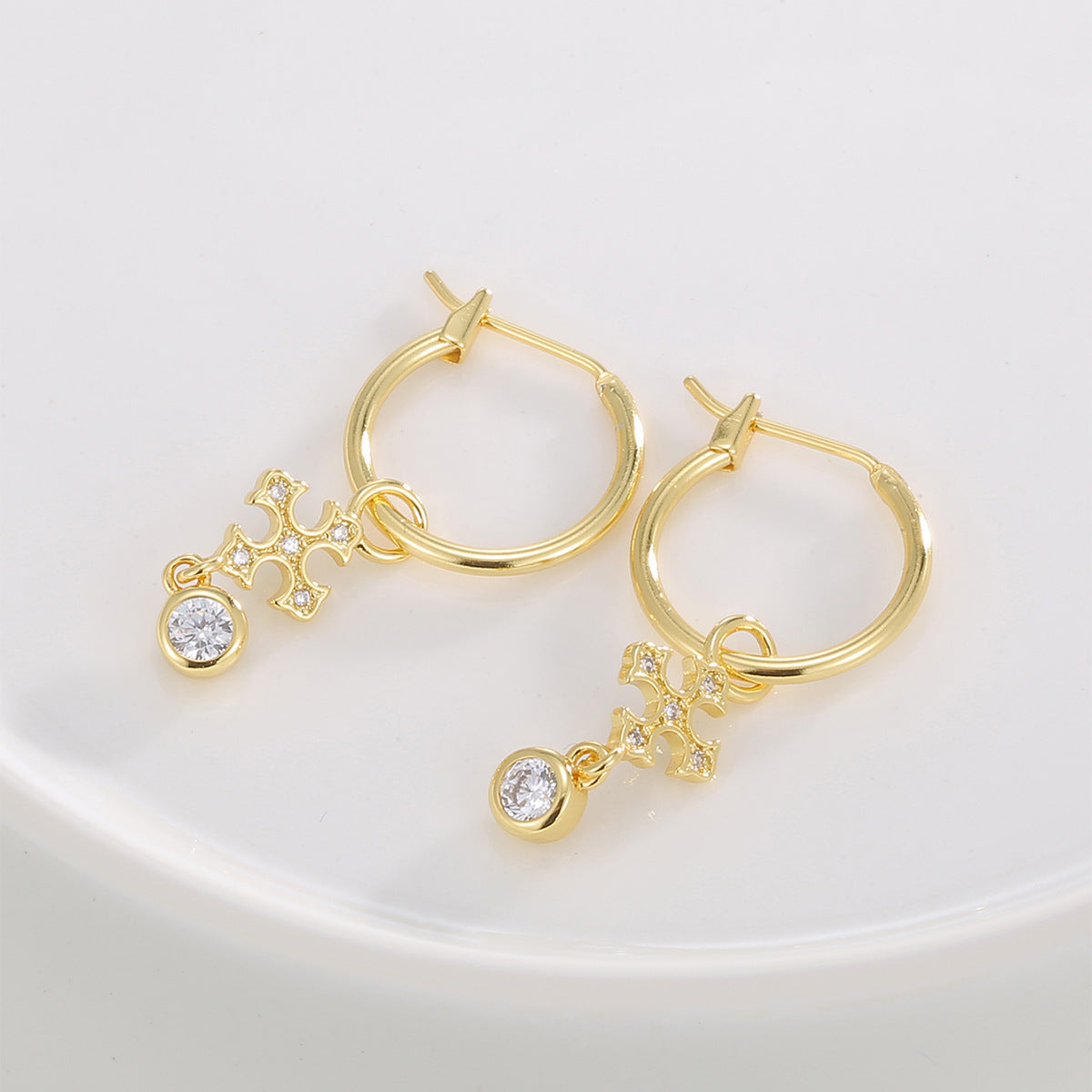 E0812 Vintage Creative Design Earrings for Women Gold-Plated Cross Zirconia Drop Earrings Jewelry