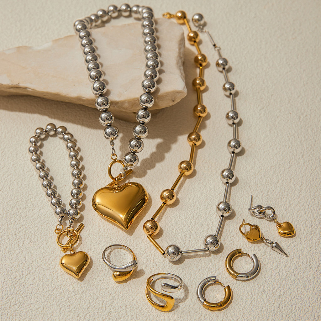 Color Matching Jewelry Stainless Steel Love Heart Necklace Ring Non-Fading Earrings