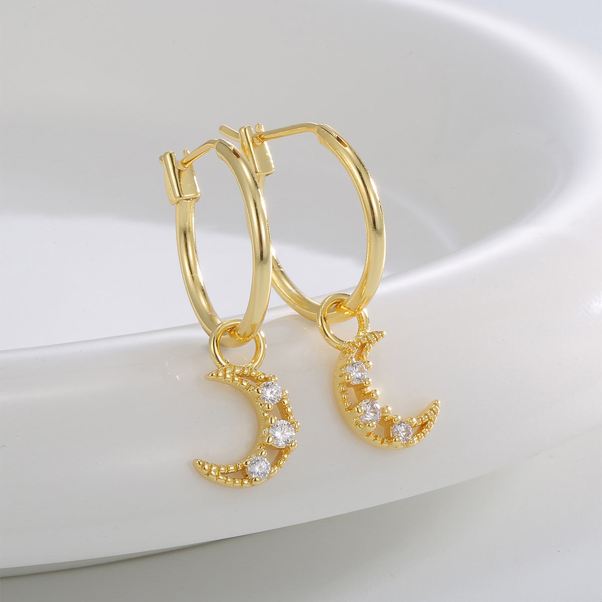 E0820 Fashion Earrings for Women Gold-Plated Hollow Moon Zircon Jewelry Drop Earrings