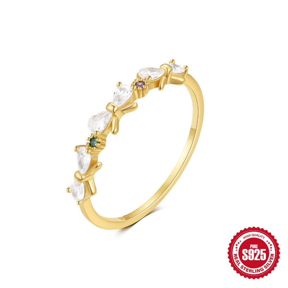 S925Sterling Silver Color Diamond Sweet Ring Female Japanese and Korean Minimalist Style Small Index Finger Ring