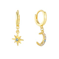 Gold-Plated Brass Star Moon CZ Drop Earrings in a gold-tone brass finish