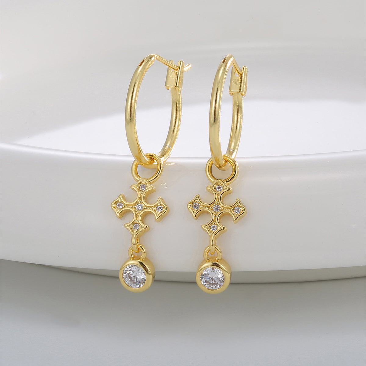 E0812 Vintage Creative Design Earrings for Women Gold-Plated Cross Zirconia Drop Earrings Jewelry