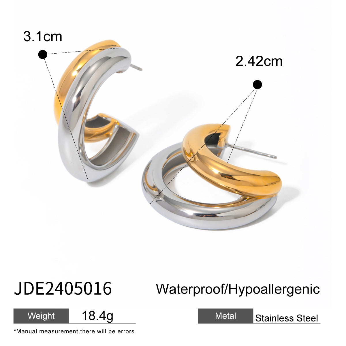 18K Gold Stainless Steel/Color Block Top and Bottom C Unique Design Sense of Shape Matching Earrings Left and Right Side Ear Accessories
