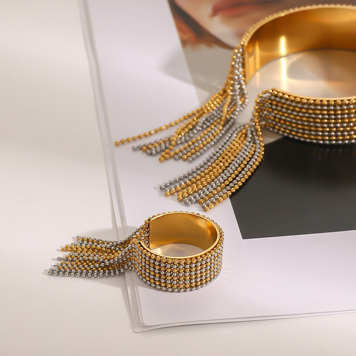 Stainless Steel Tassel Bracelet Ring Open Bangle