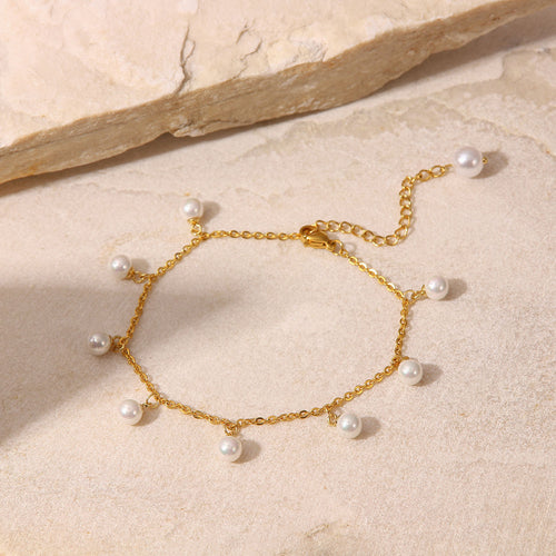 18K Gold-Plated Shell Pearl Tassel Anklet — front view