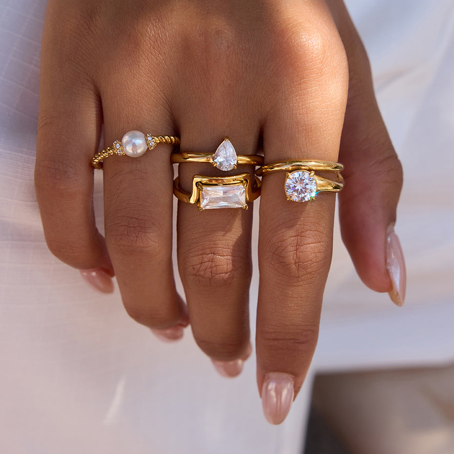 Stainless Steel Zircon Pearl Ring Non-Fading Jewelry for Women