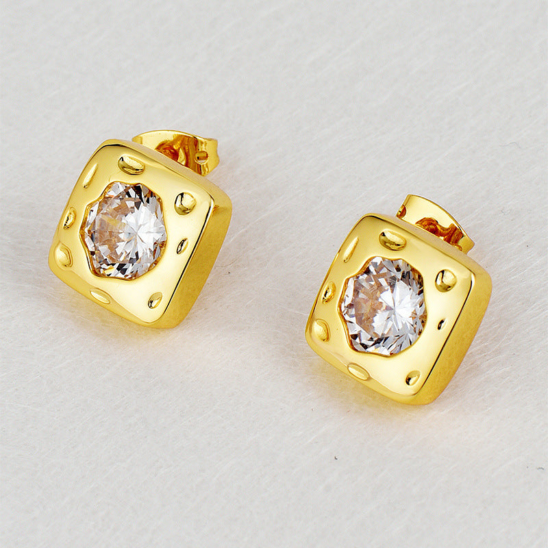 E0647 Square Inlaid Irregular Zircon Gender-Neutral Earrings Brass Gold-Plated Simple Ear Jewelry
