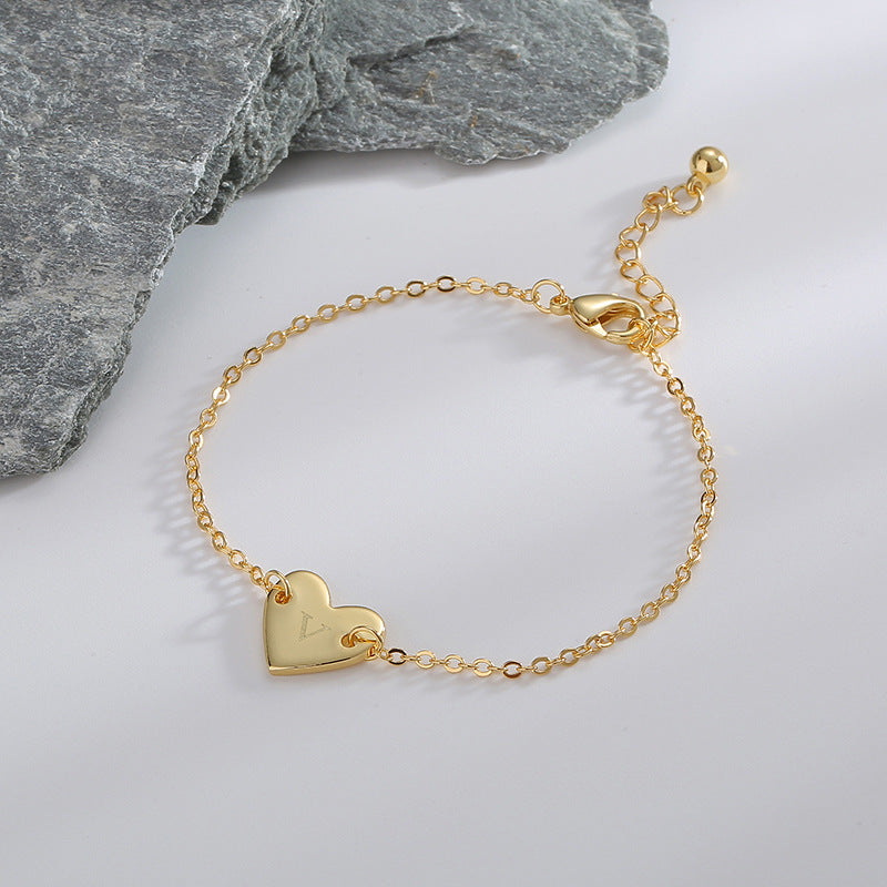 B0182  Korean Version Fashion Simple Heart-shaped Bracelet for Women gold Love Heart26Minimalist Letter Style