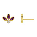 Gold-Plated Brass Four-Leaf Clover Heart Purple CZ Stud Earrings with gold-tone brass construction