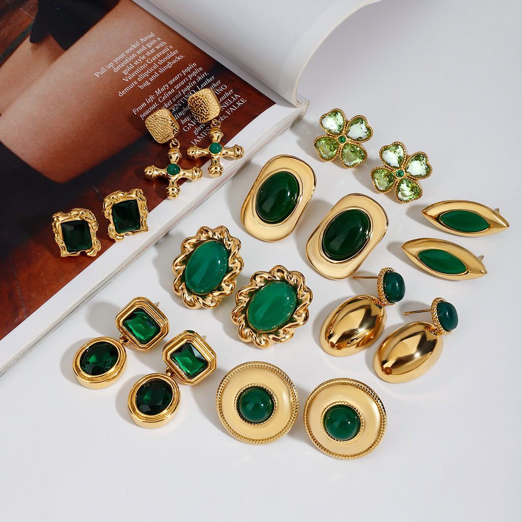 Stainless Steel Earrings Jewelry Green Agate Earrings Non-Fading