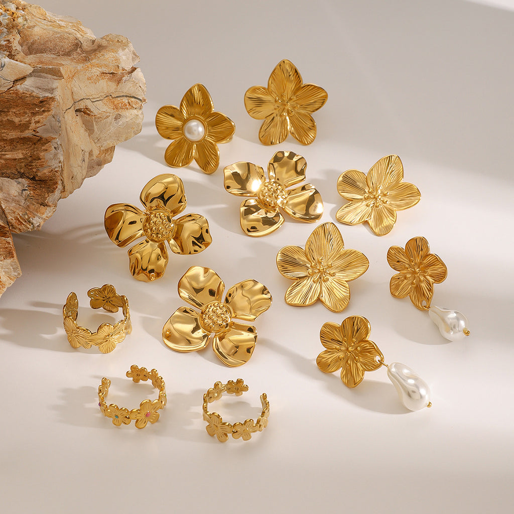 Stainless Steel Pearl Earrings Flower Studs Open Ring Jewelry