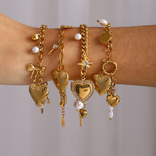 18K Gold-Plated Stainless Steel Bracelet with Heart Detail — front view