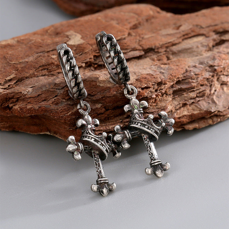 E0738 Hip-Hop Punk Style Trendy Earrings for Women Vintage Distressed Antique silver Crown Cross Earrings