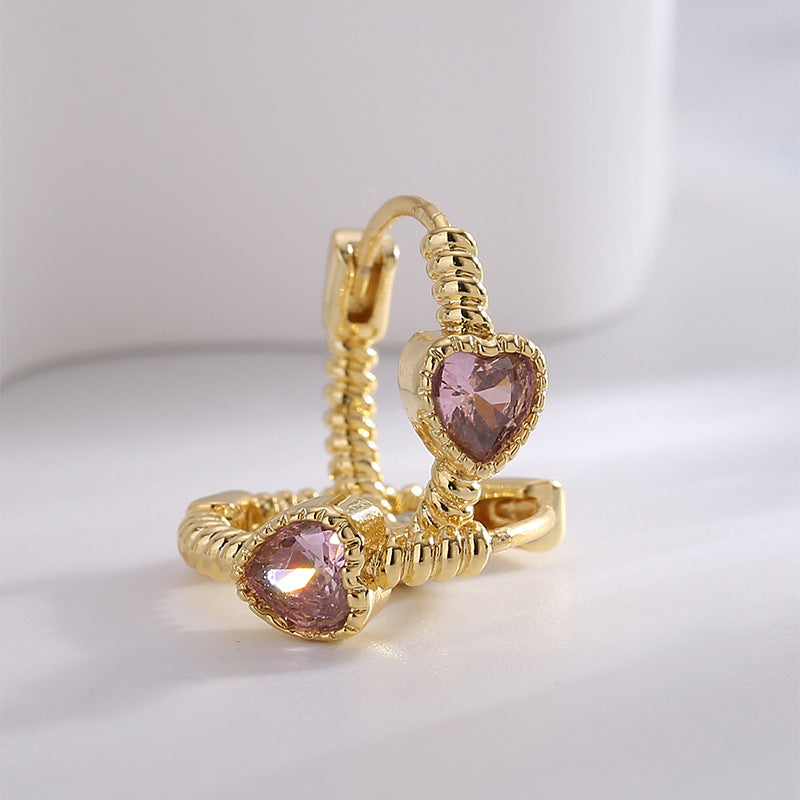 E0670 Elegant and fashionable Earrings Female Brass Gold Plated Inlaid Heart-shaped Pink Zircon Ear Jewelry