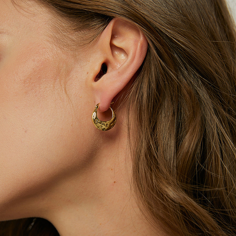 E0375 Vintage Concave-Convex Hammered Handmade Metal Hoop Earrings Irregular Three-Dimensional Texture Ear Jewelry Ear Hoop