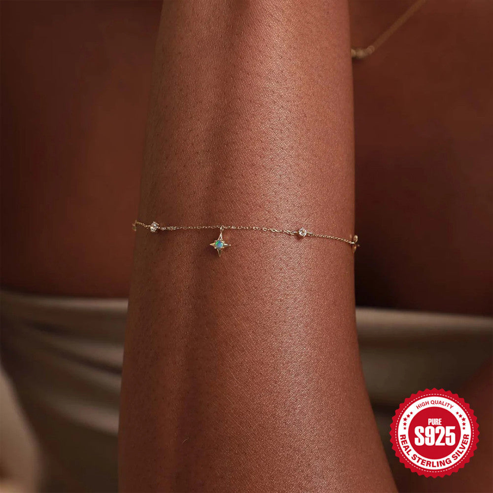 S925 Sterling Silver Four Pointed Star Diamond Opal Bracelet For Women