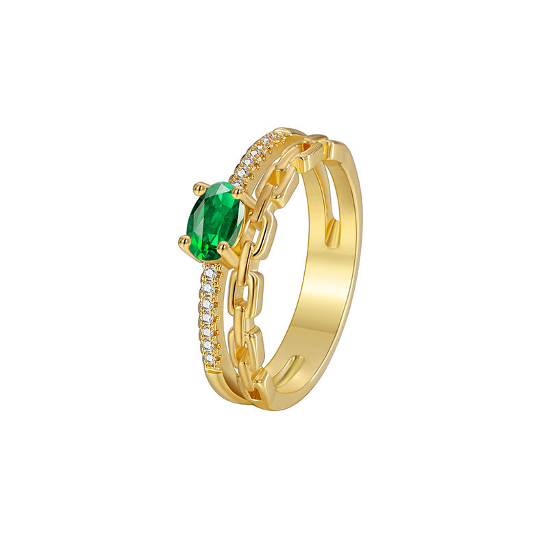 R0415 Chain Design Ring Women's Fashion Copper Plated Real Gold Green Zircon Ring