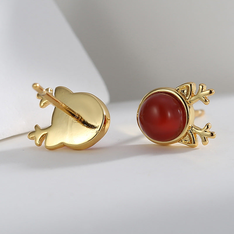 E0542 Christmas Ornaments casual Style Elk Shape Stud Earrings for Women fashion Red Agate Earrings