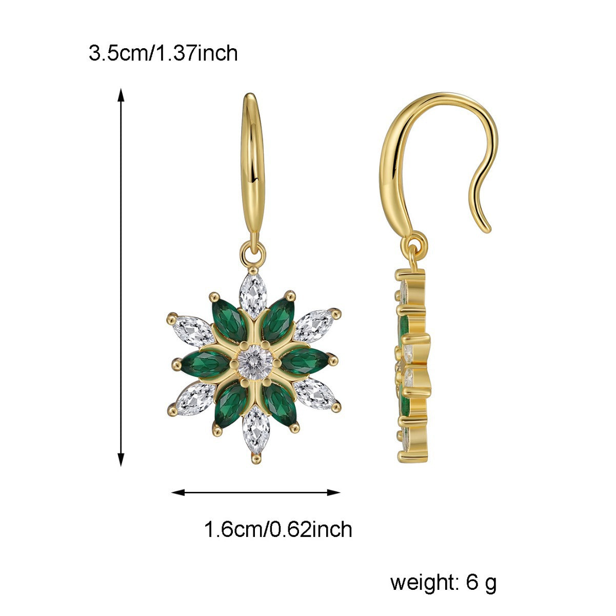 E0536 Christmas Ornaments Minimalist Design Sense Earrings Female fashion Snowflake Green White Zircon Ear Hook