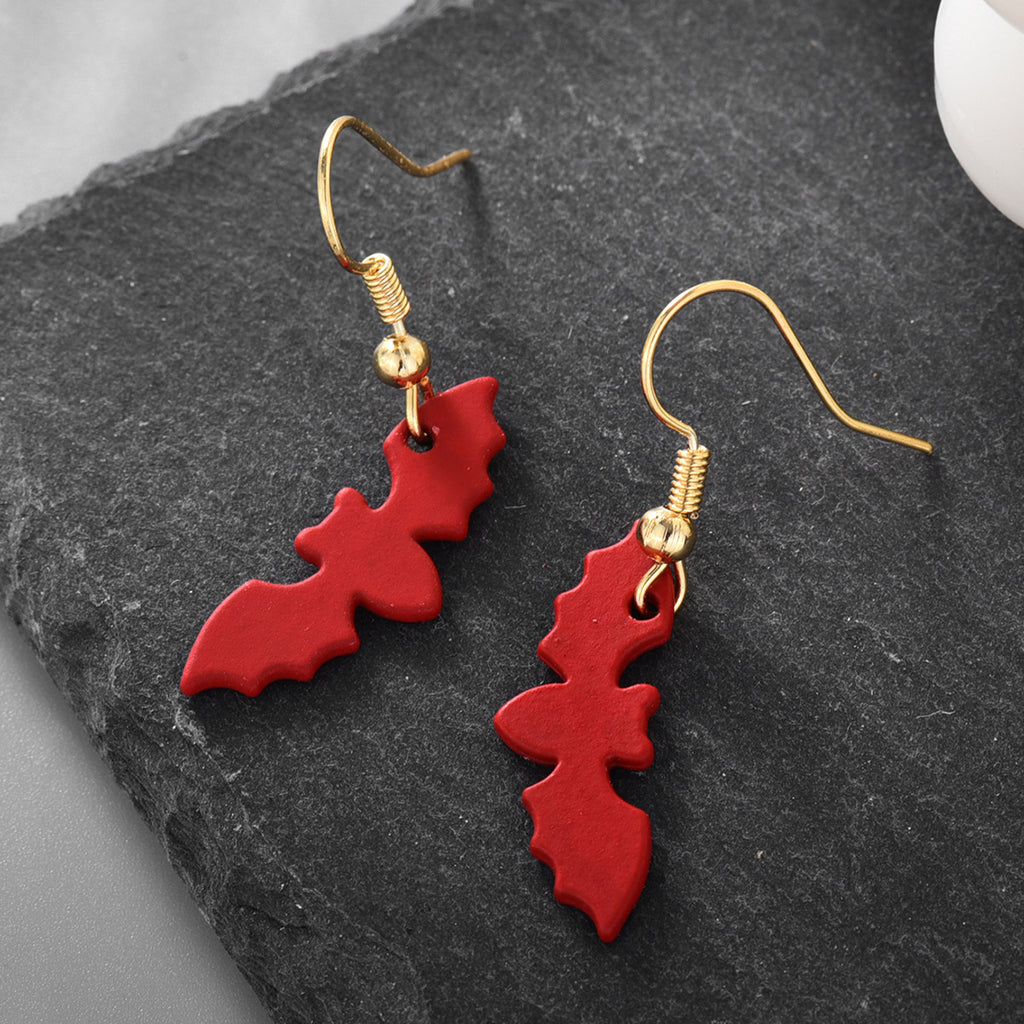 CYE0257 Halloween Fun Creative Wine Red Bat Ear Hooks Cute and Quirky Earrings