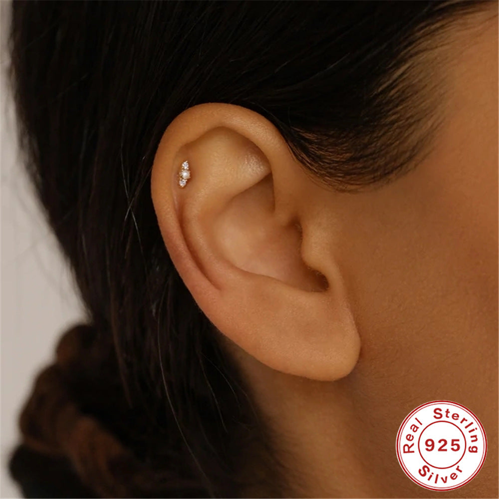 S925Sterling Silver Butterfly Inlaid Diamond Pearl Spiral Ear Cuff Hot Sale16G Flat Head Piercing Ear Cuff Jewelry