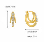 E0525 Fashion Geometric Three-Circle Earrings for Women, Copper Gold-Plated with Micro-Inlaid White Zircon, Elegant Ear Jewelry