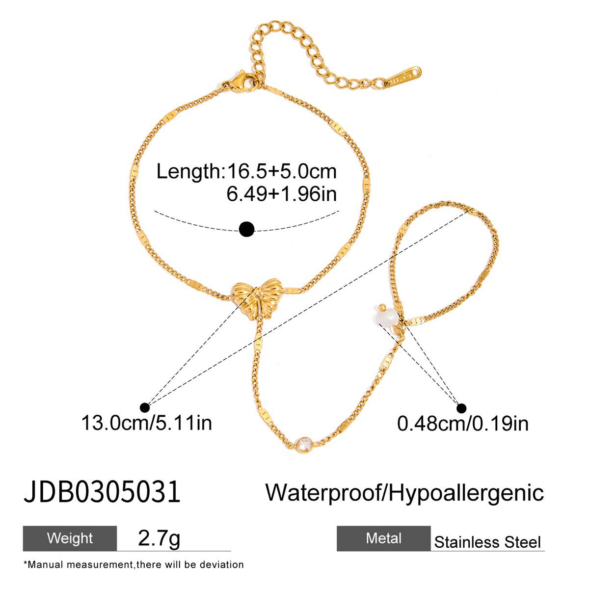 2H Stainless Steel Finger Bracelet Ring Non-Fading Jewelry for Women