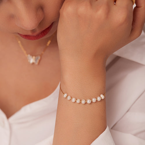 18K Gold-Tone Freshwater Pearl Chain Stainless Steel Bracelet with pearl design details