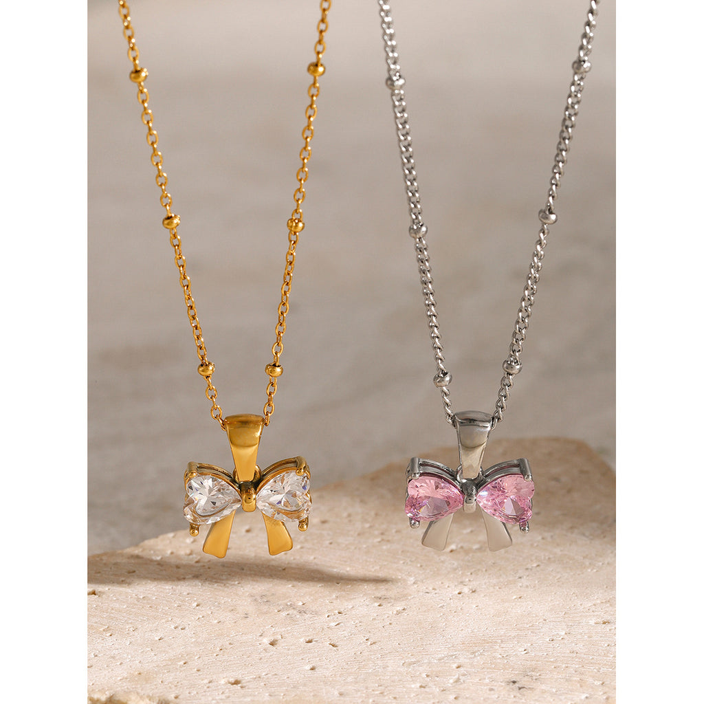 2H Original Style 18k Gold Stainless Steel/Bow White Zircon Pendant Necklace 40+5cm