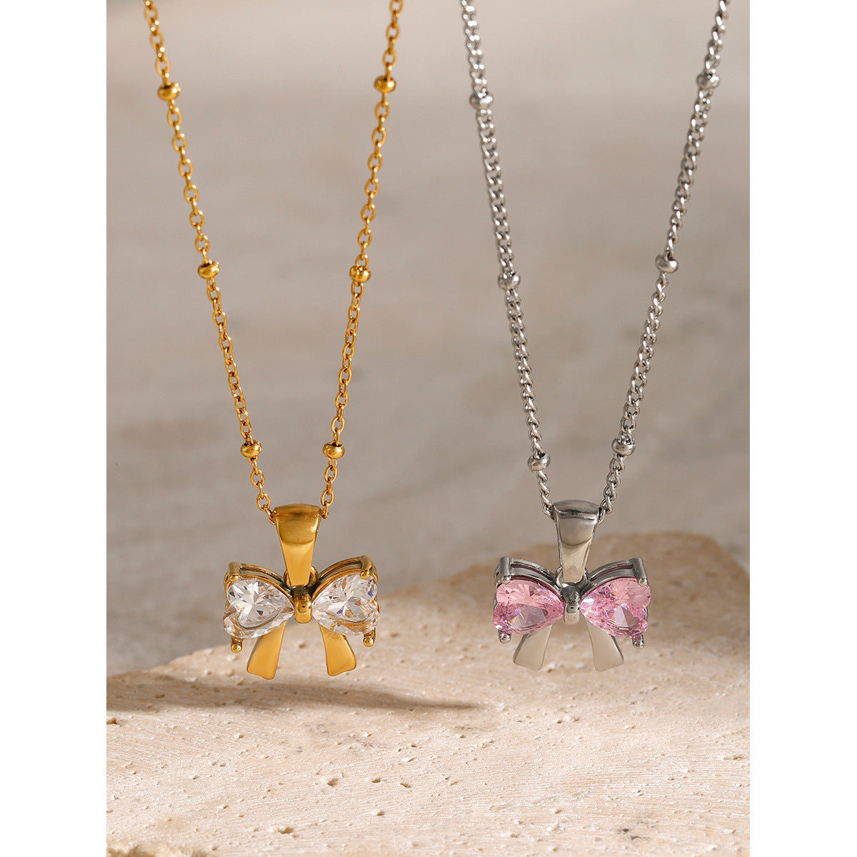 2H Original Style 18k Gold Stainless Steel/Bow White Zircon Pendant Necklace 40+5cm