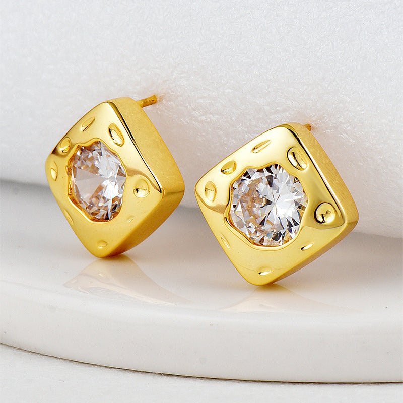 E0647 Square Inlaid Irregular Zircon Gender-Neutral Earrings Brass Gold-Plated Simple Ear Jewelry