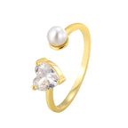 R0670 Fashion Design Sense Ring for Women, Gold-Plated, Inlaid with Heart-Shaped Zircon and Shell Beads, Open Ring