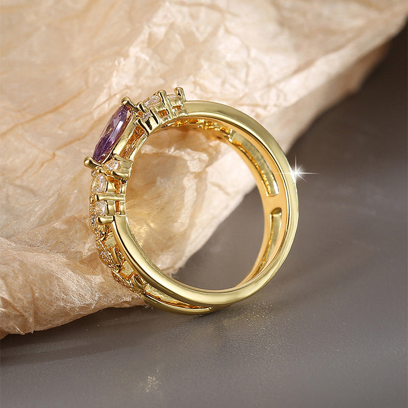 R0419 Elegant and fashionable purple zircon ring for women with micro-inlaid white zircon