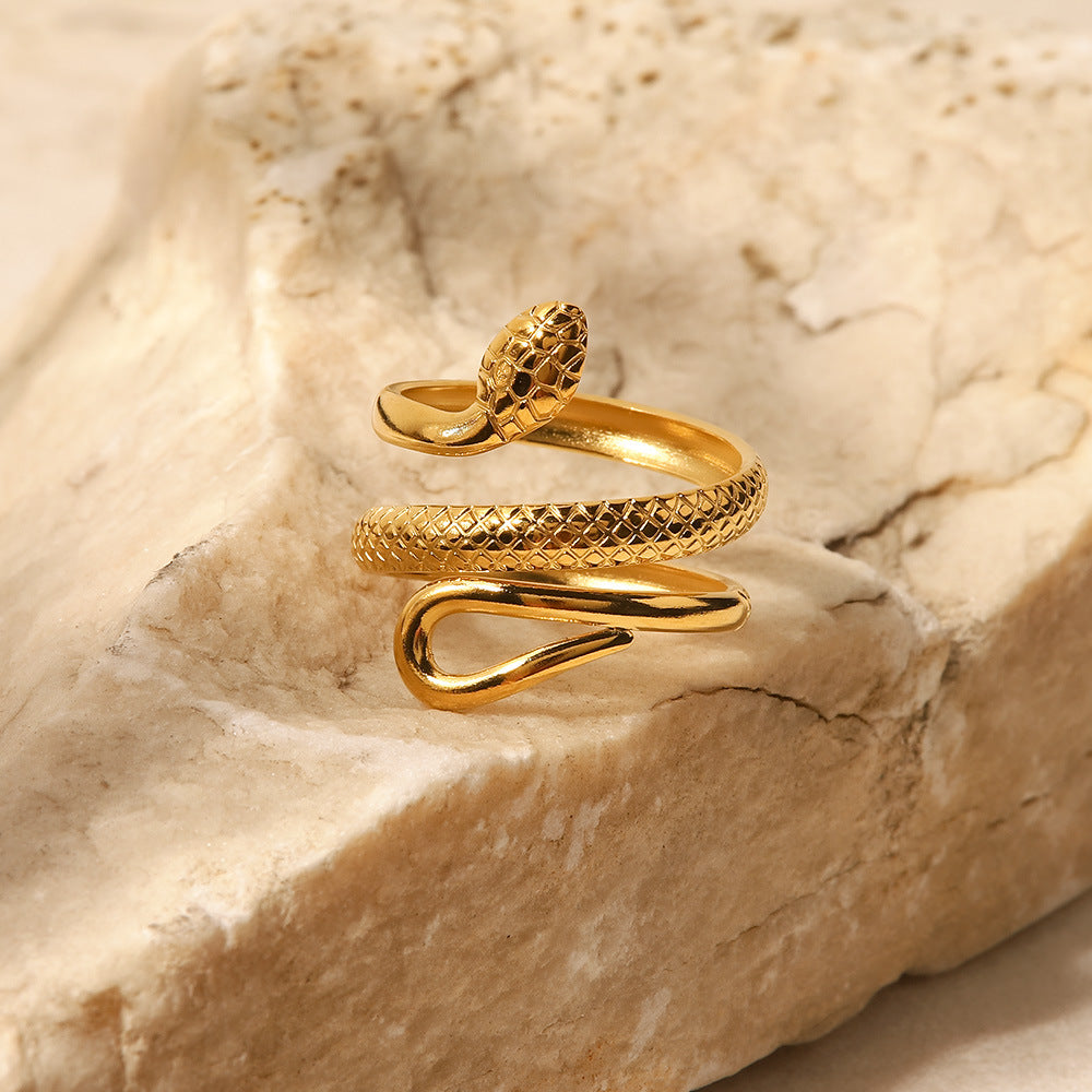 18K Gold Plated Stainless Steel Classic Texture Snake Design Hollow Adjustable Ring Women's Fashion Ring