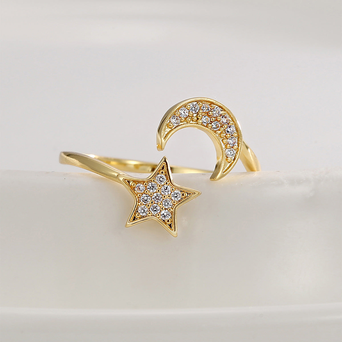 R0676 Star and Moon Inlaid Zircon Ring for Women, New Open Adjustable Tail Ring