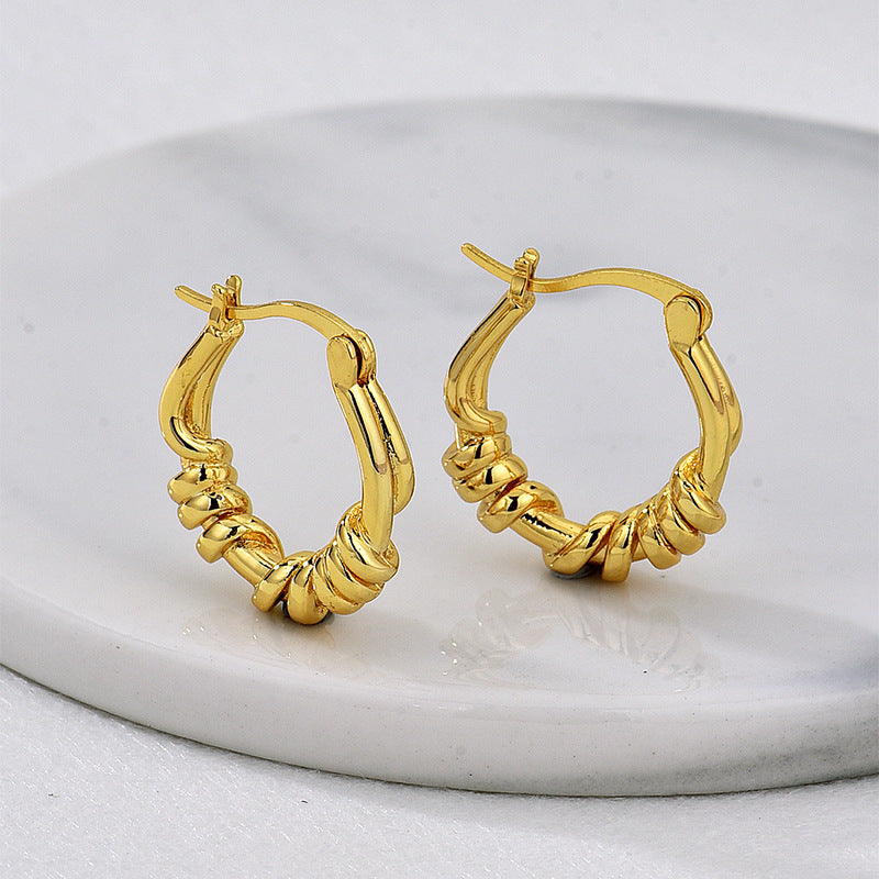 E0635 Design Sense Knot Wrapped Earrings for Women, Brass Gold-Plated Minimalist Style Ear Clips
