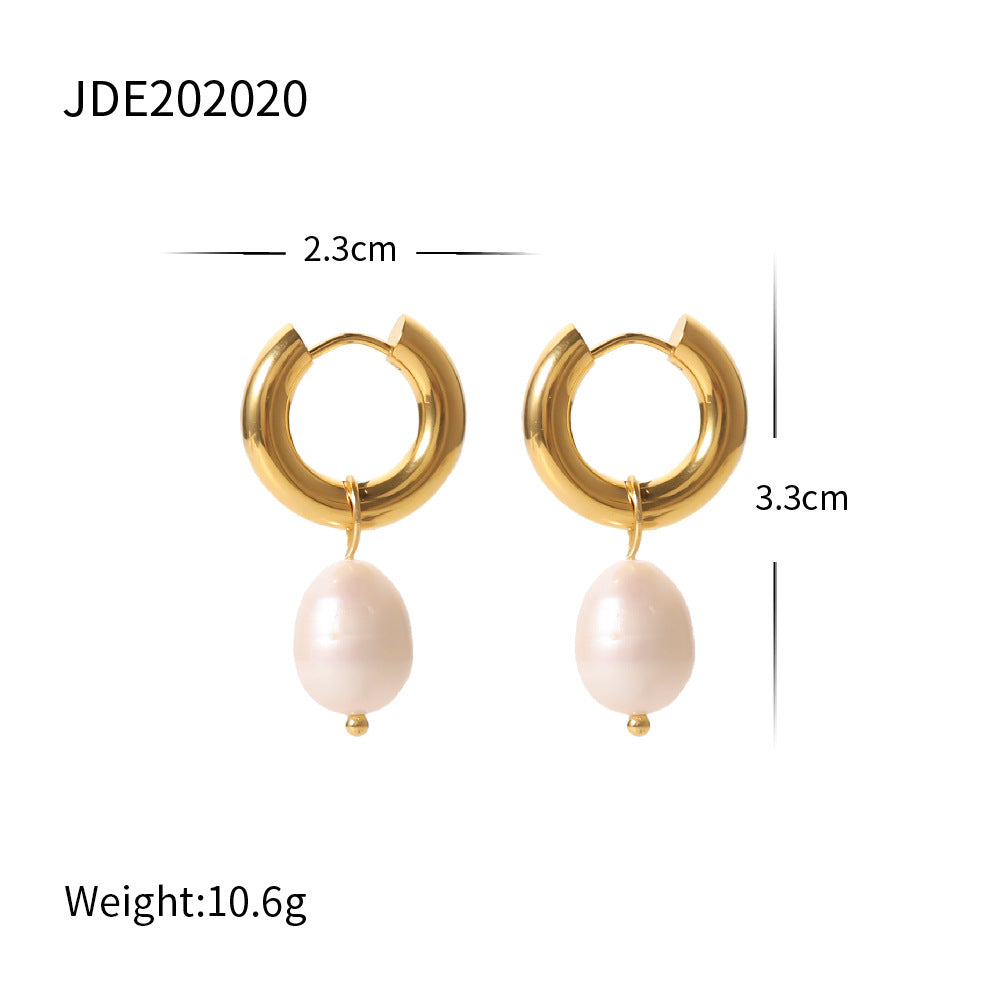 Stainless Steel Freshwater Pearl Earrings Fashion New Women's Large Pearl c Pendant Earrings Jewelry