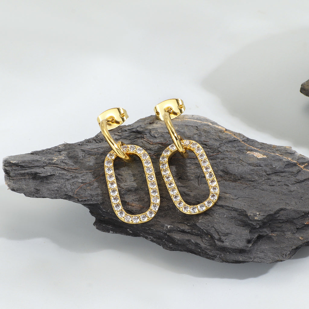 E0094 Geometric Hollow Oval Zirconia Stud Earrings for Women gold Simple Design Earrings