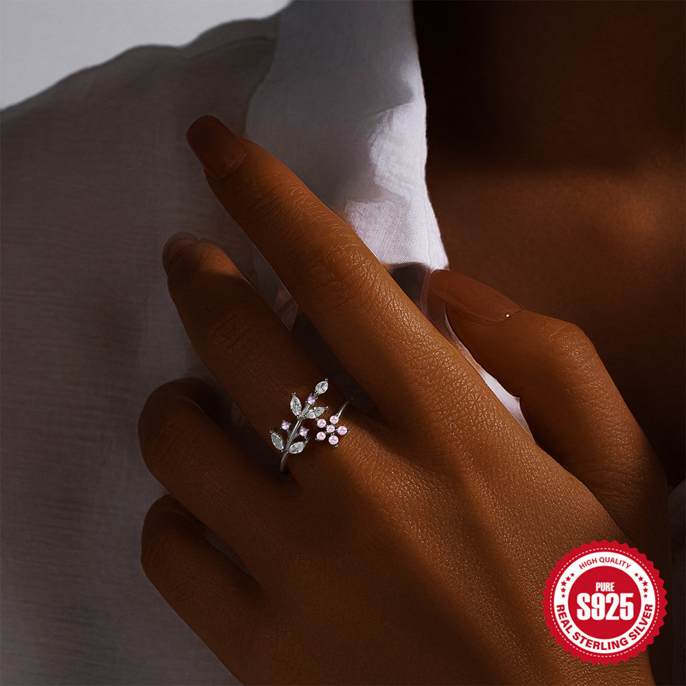 925Sterling Silver Leaf Pink Floral Creative Open Ring Marquise Zircon Combined Design Non-Collision Index Finger Ring