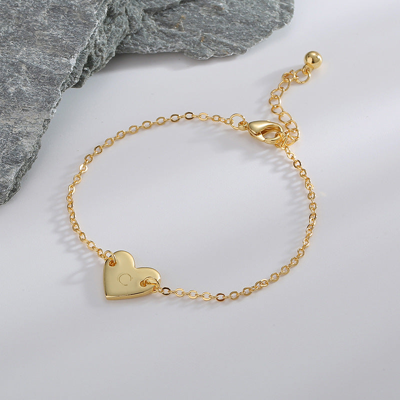 B0182  Korean Version Fashion Simple Heart-shaped Bracelet for Women gold Love Heart26Minimalist Letter Style