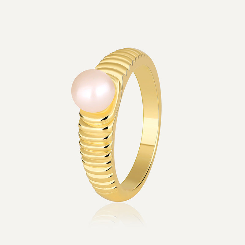 R0311 Simple Retro Striped Ring for Women, Brass Gold-Plated Elegant Inlaid Pearl Ring