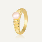 R0311 Simple Retro Striped Ring for Women, Brass Gold-Plated Elegant Inlaid Pearl Ring